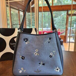 Kate Spade Leila Floral Embroidered Medium Triple Compartment Shoulder Indigo